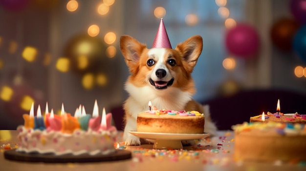 Un chien dans un chapeau de fête avec un gâteau et des bougies