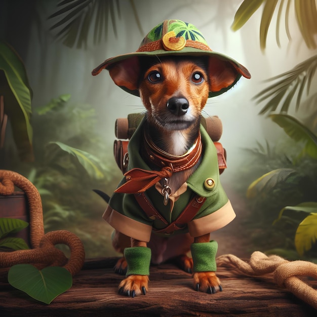 chien dans un chapeau un rat terrier brun habillé en explorateur de la jungle art numérique