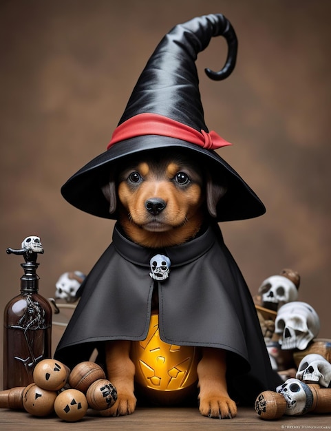 Un chien dans un chapeau de sorcière et un manteau avec des potions et des crânes.