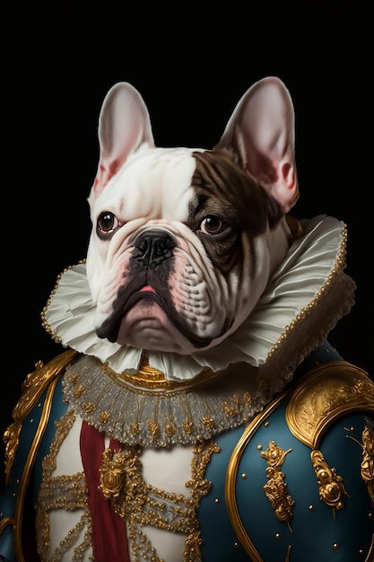 Un chien dans un costume qui dit "le bouledogue français" dessus