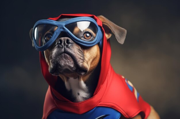 Un chien dans un costume rouge et des lunettes