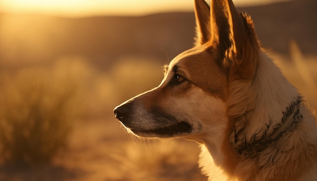 Un chien dans le désert regardant le coucher du soleil