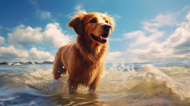 Un chien dans l'eau avec un ciel bleu et des nuages