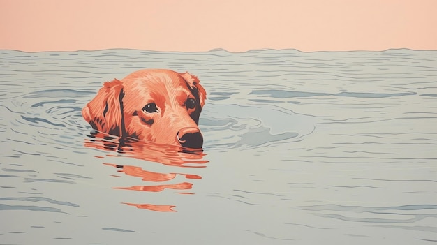 Chien dans l'eau risograph AI généré art