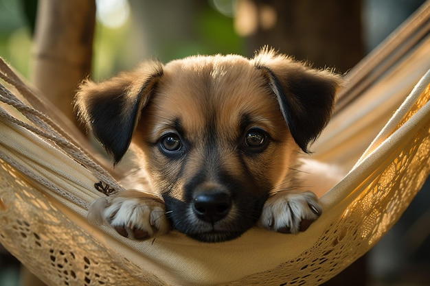 Un chien dans un hamac avec le mot « sur le devant ».