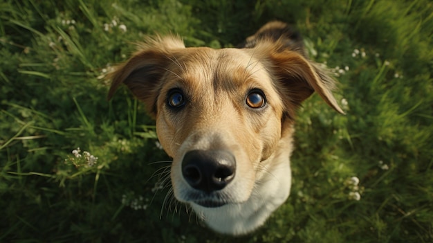 Un chien dans l'herbe regardant la caméra.