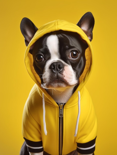 un chien dans un hoodie jaune avec une cape dessus