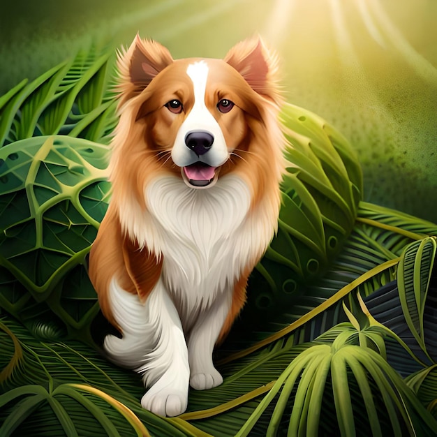 Un chien dans une jungle avec un fond vert feuillu.