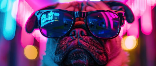 un chien dans des lunettes de soleil de nuit éclairées par la réflexion au néon