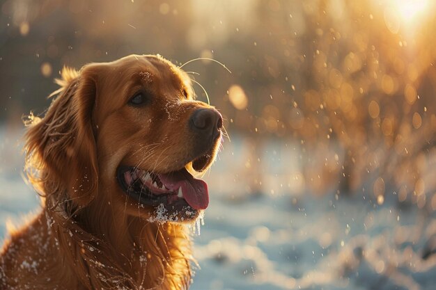 un chien dans la neige avec un coucher de soleil en arrière-plan