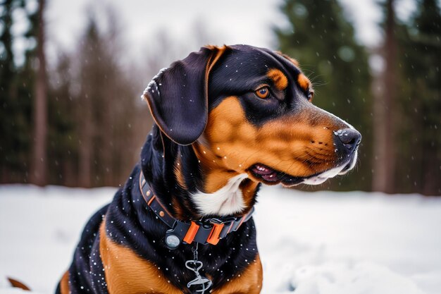 Un chien dans la neige avec le mot hiver dessus