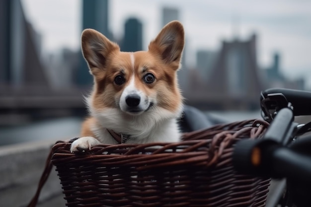 Un chien dans un panier de vélo avec une ville en arrière-plan