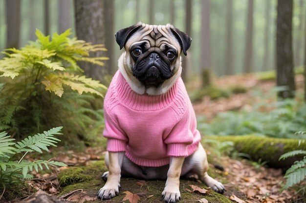 Un chien dans un pull rose est assis dans les bois.