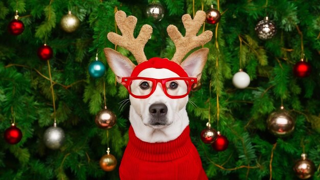 Photo un chien dans un pull rouge, des cornes de rennes et des lunettes de noël.