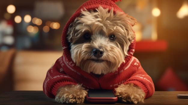 Un chien dans un pull avec un téléphone portable à la main