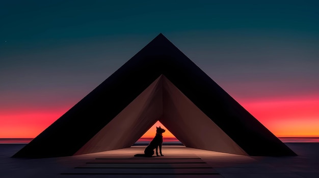 Un chien dans une pyramide la nuit