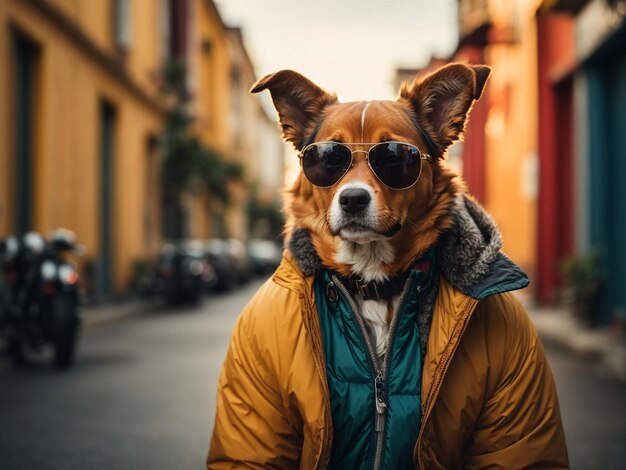 Photo le chien dans la rue porte une veste et des lunettes de soleil