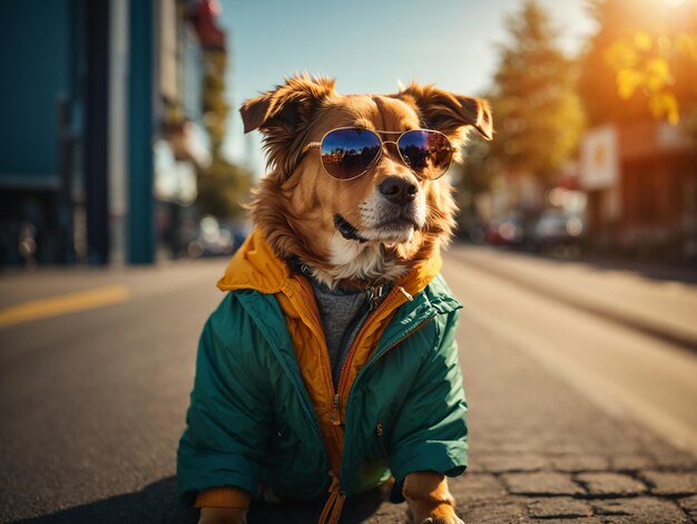 Photo le chien dans la rue porte une veste et des lunettes de soleil