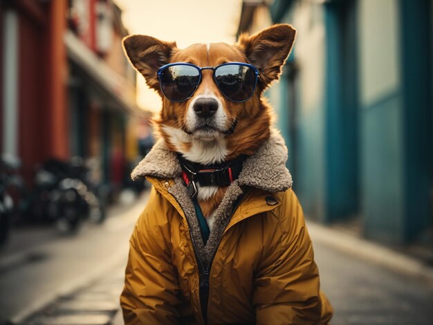 Photo le chien dans la rue porte une veste et des lunettes de soleil