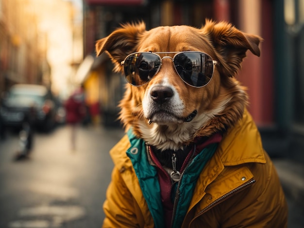 Photo le chien dans la rue porte une veste et des lunettes de soleil