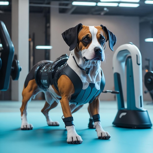 Photo chien dans une salle de sport futuriste