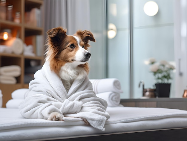 Chien dans un salon de toilettage après la douche enveloppé dans une serviette Chien drôle dans un peignoir assis sur le lit après avoir pris un bain dans un salon spa pour chiens de luxe ou un hôtel pour chiens Chien mignon dans un paillot de bain après une douche généré par l'IA