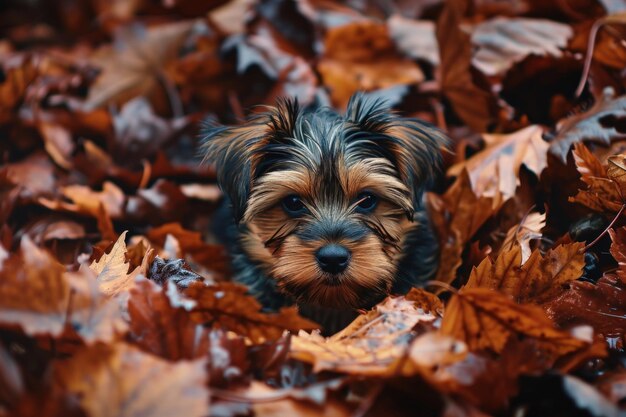 Un chien dans un tas de feuilles