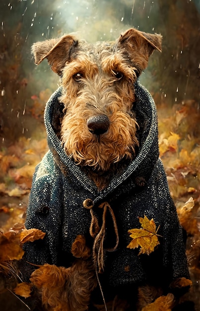 Un chien dans une veste avec des feuilles dessus