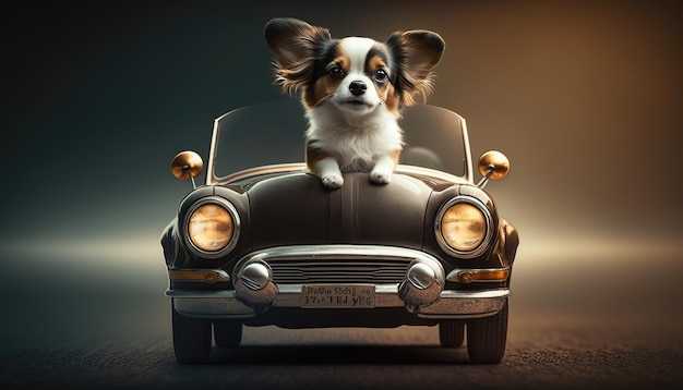 Un chien dans une voiture avec le mot chihuahua sur le devant.