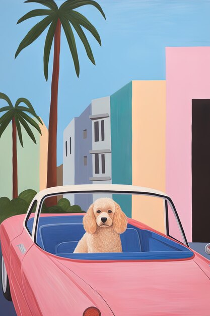 un chien dans une voiture avec un palmier en arrière-plan