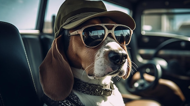 Un chien dans une voiture portant un chapeau et des lunettes de soleil