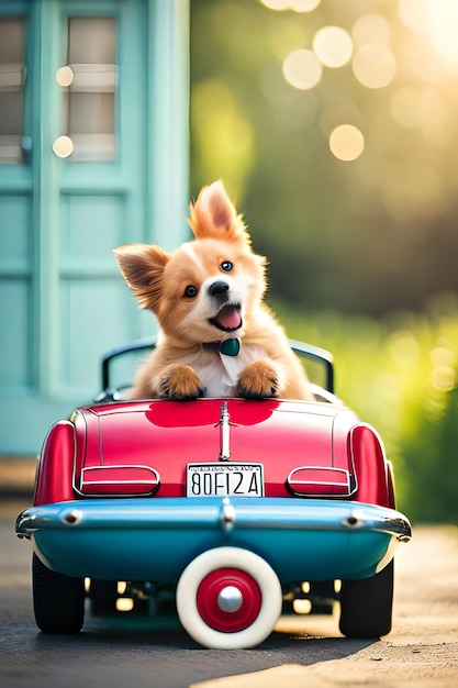 Un chien dans une voiture rouge avec la plaque d'immatriculation 802. 4