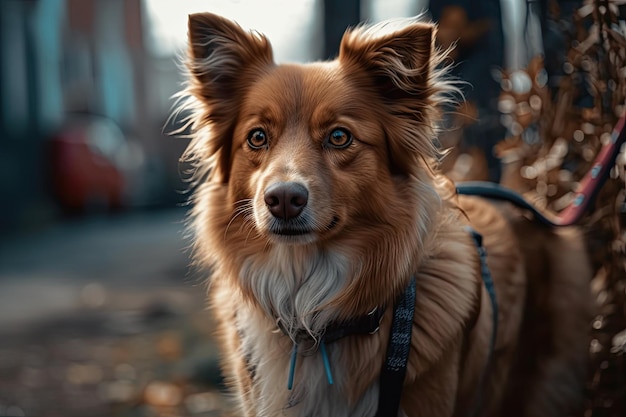 Chien debout à côté d'un banc dans un parc