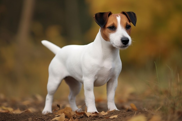 Un chien debout dans les bois avec des feuilles au sol