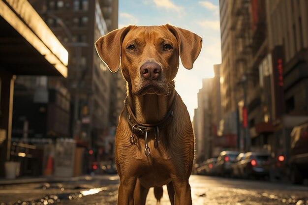 Chien debout dans une rue de la ville Basse pinte de vue