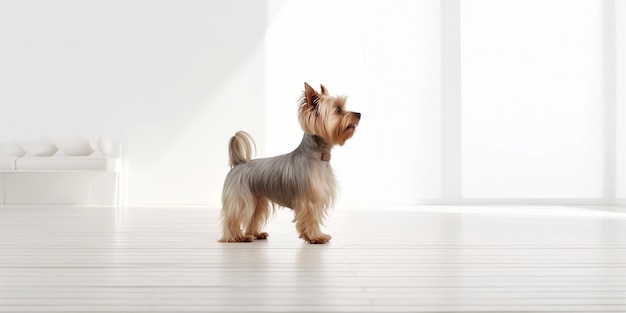 Un chien debout sur un plancher en bois