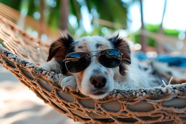 Un chien décontracté qui fait une sieste paisible sur un hamac avec des lunettes de soleil capturant l'essence d'un été