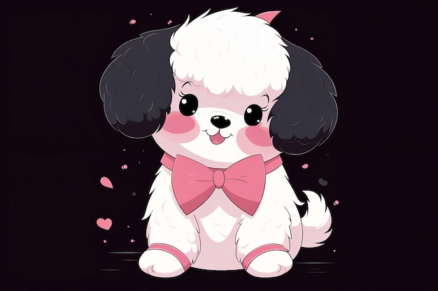 Un chien de dessin animé avec un arc rose est assis sur un fond noir avec un arc rose.