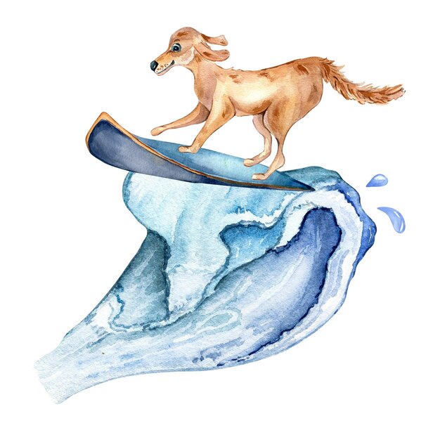 Chien de dessin animé fait de la planche de surf sur une illustration aquarelle de vague isolée sur blanc