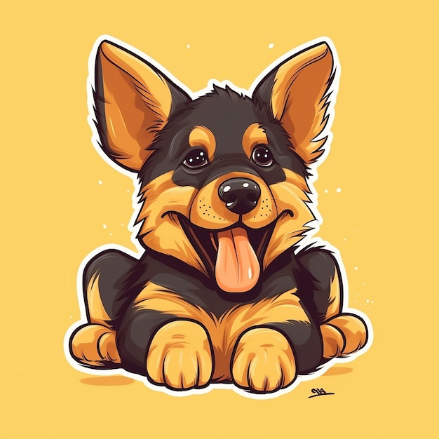 Un chien de dessin animé avec un fond jaune qui dit "doberman" dessus