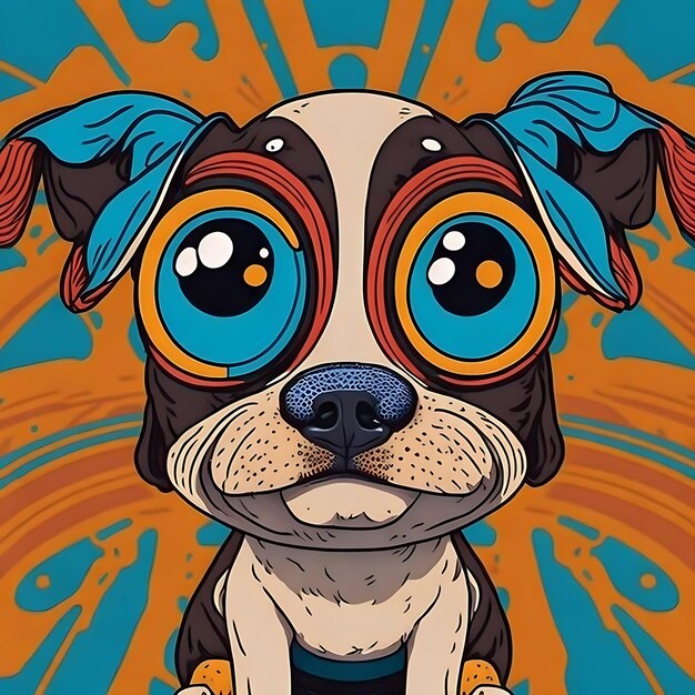Un chien de dessin animé avec de grands yeux est assis sur un fond abstrait