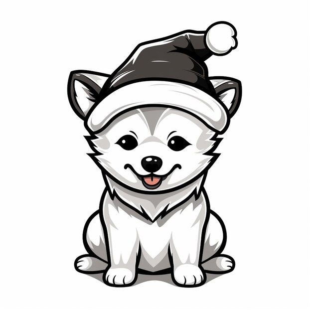 Un chien de dessin animé portant un chapeau de Père Noël assis