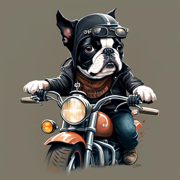 Un chien de dessin animé portant une veste en cuir sur une moto