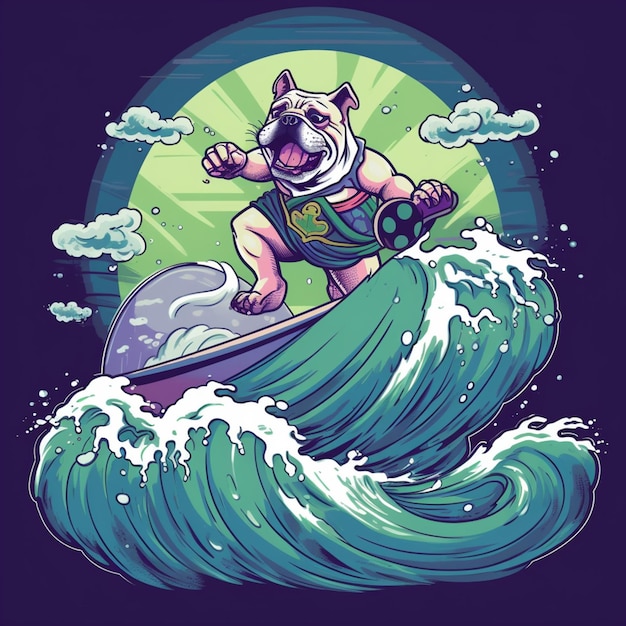 Un chien de dessin animé surfe sur une vague sur une planche de surf.
