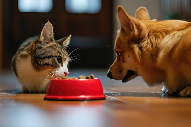 un chien et deux chatons mangeant dans un bol