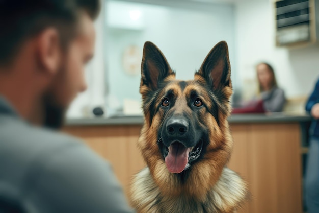 Chien devant un homme défocalisé dans une clinique vétérinaire AI générative