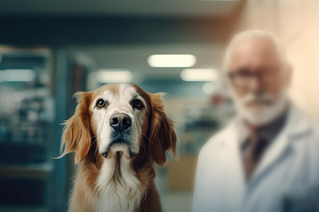 Chien devant l'homme défocalisé vétérinaire dans la clinique vétérinaire IA générative