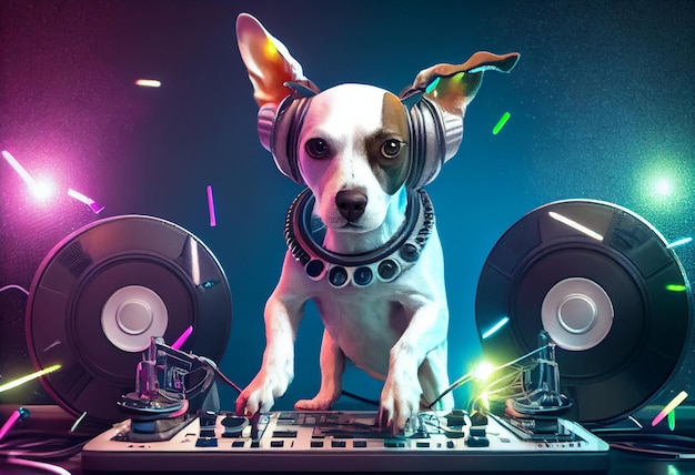 Chien DJ set Animal anthropomorphe s'amusant au club branché Generate Ai