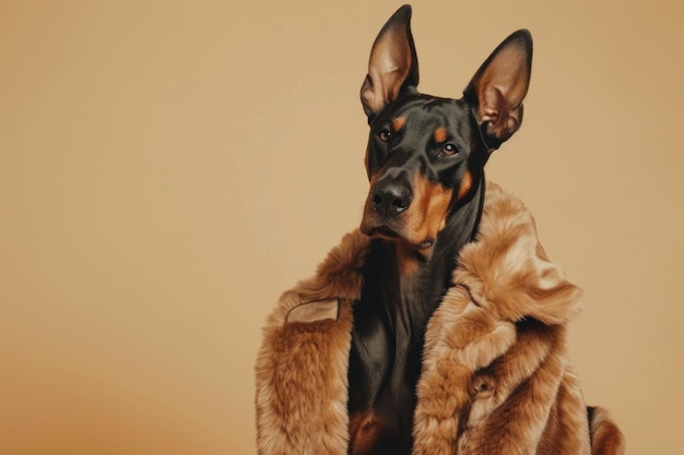 Un chien Doberman dans un luxueux manteau de fausse fourrure