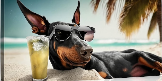 Le chien Doberman Pinscher est en vacances d'été dans une station balnéaire et se repose sur la plage d'été d'Hawaï